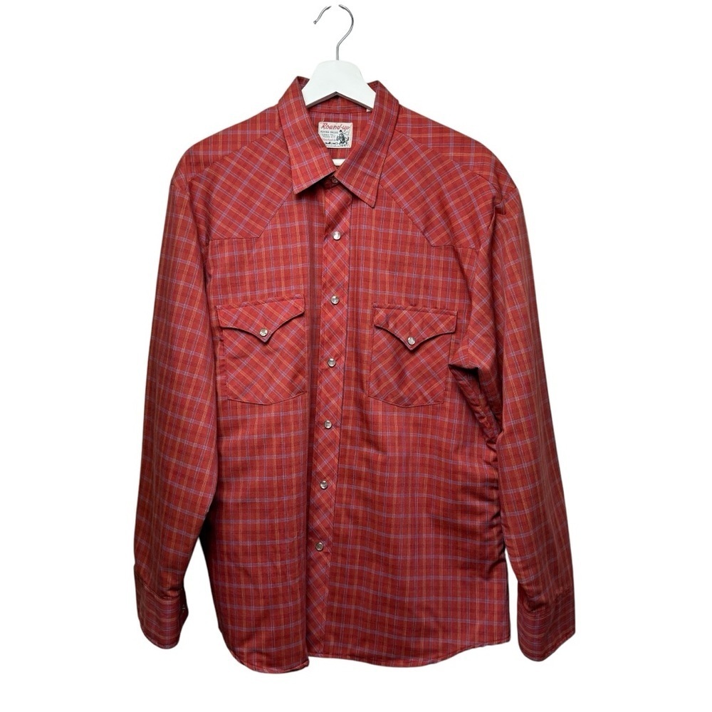 Vtg 70s Round Up Brown Plaid Western Rockabilly Shirt Pearl Snaps Made in USA XL